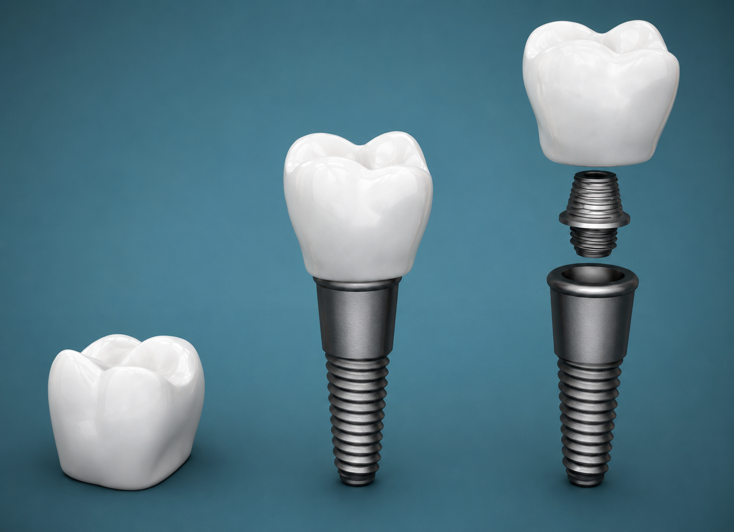 3D render on a teal background showing two dental implant assemblies side by side — one with the crown attached and one with the crown separated — illustrating the three-part implant structure.