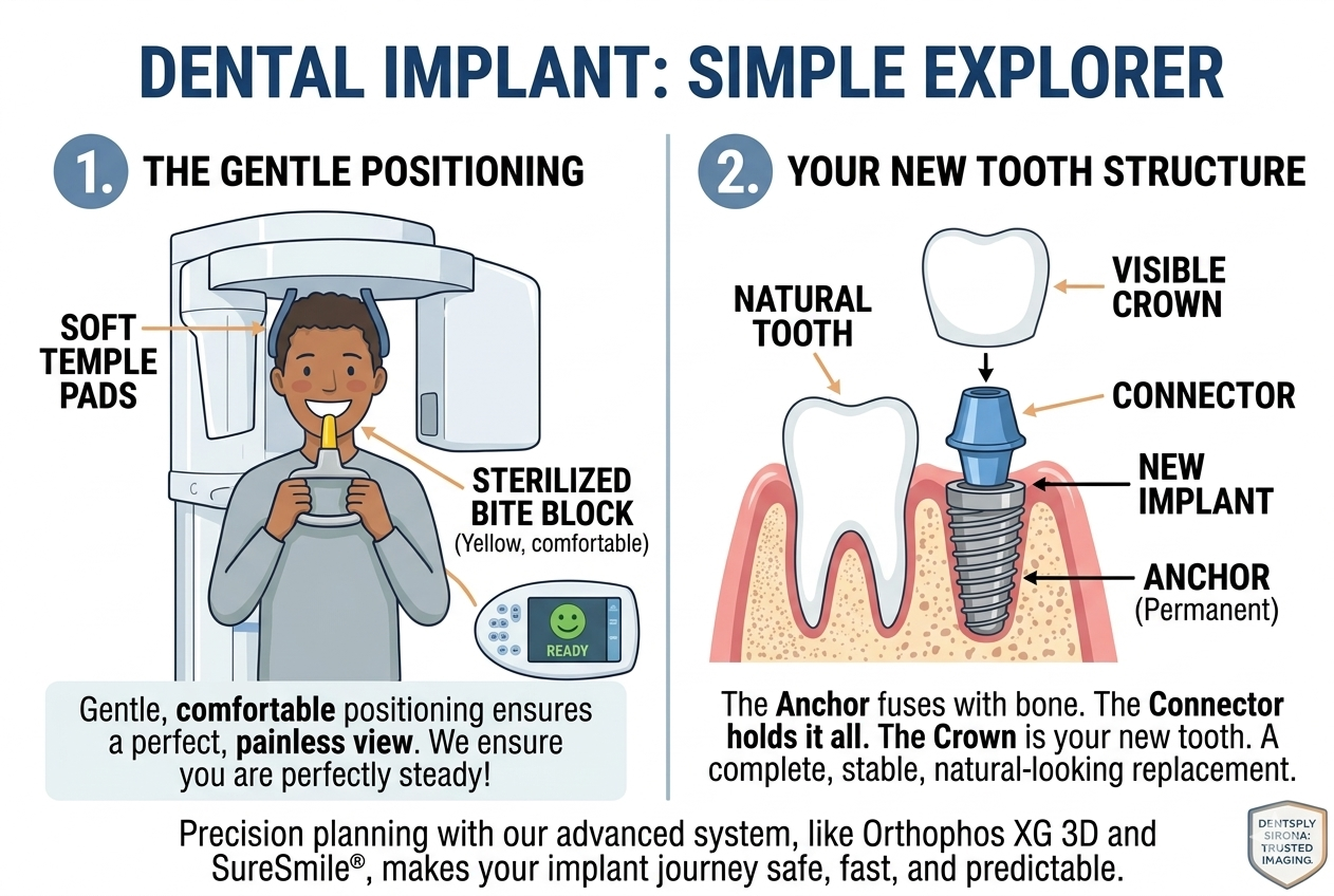Dental implant infographic: gentle patient positioning with soft temple pads and Orthophos XG 3D for a non-invasive, precise view; anatomy of the new tooth structure showing the anchor fused to bone, the connector, and the visible crown.