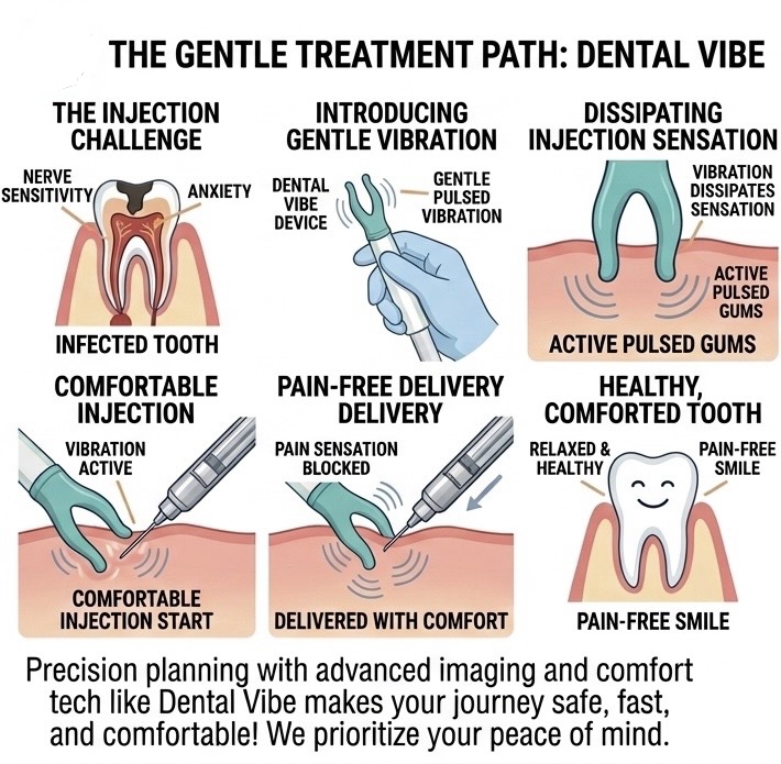 DentalVibe infographic: the injection challenge shown with nerve sensitivity and anxiety; gentle pulsed vibration from the DentalVibe device dissipates sensation in the gums; vibration-active comfortable injection start leads to pain sensation blocked and delivered with comfort; result is a relaxed, comfortable appointment.