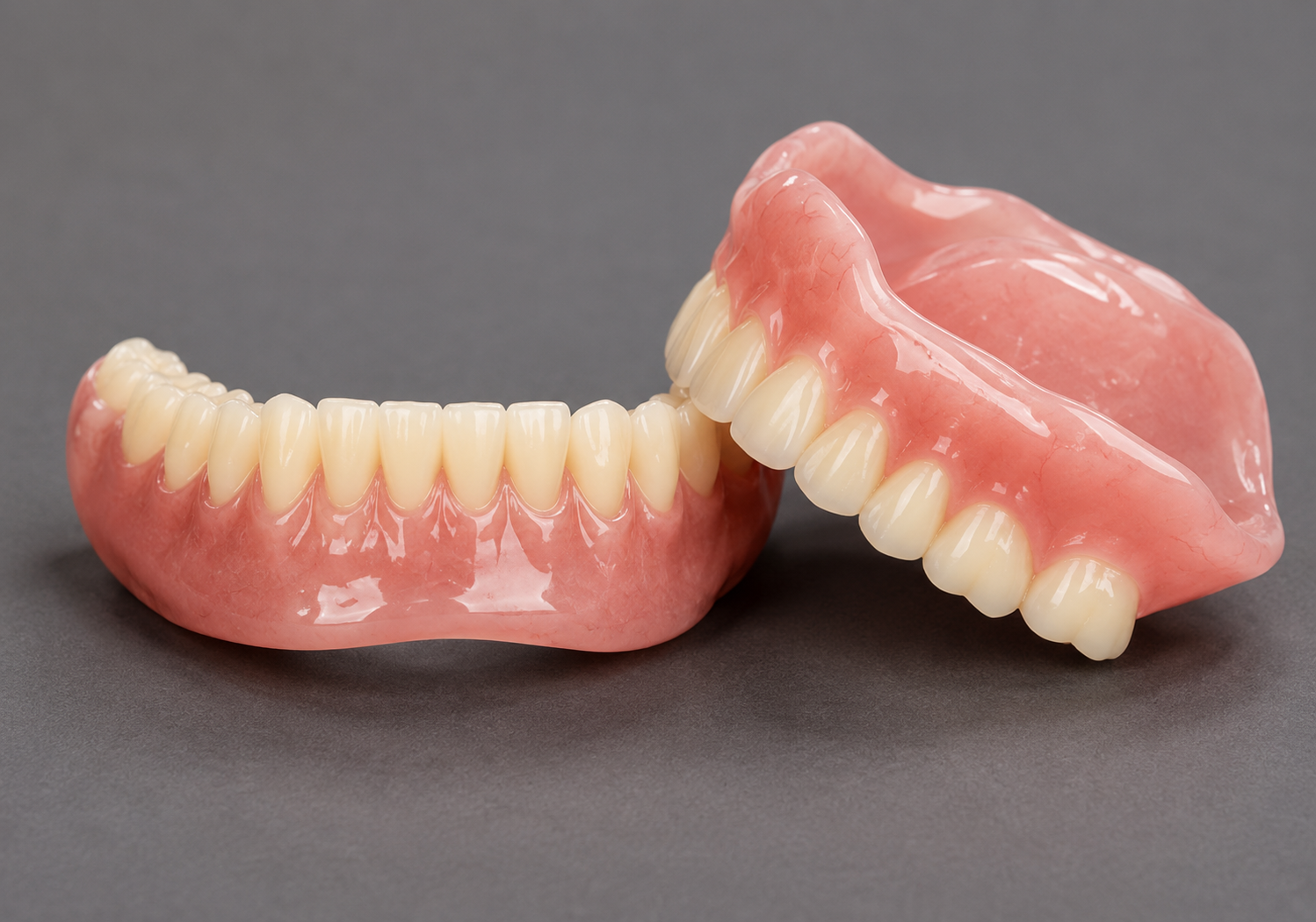Upper and lower complete denture sets showing a pink acrylic base and natural-looking teeth