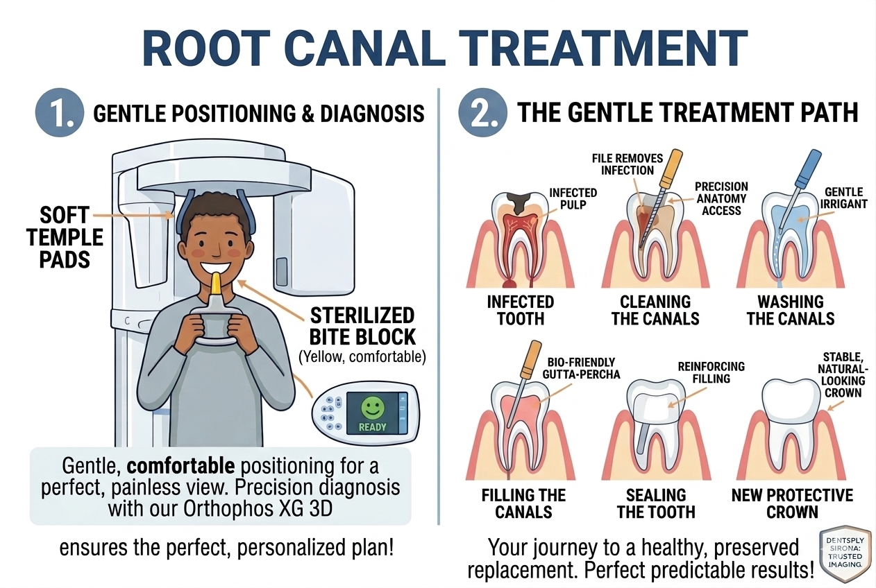 Root canal treatment path from an infected tooth through canal cleaning, filling, and a protective crown