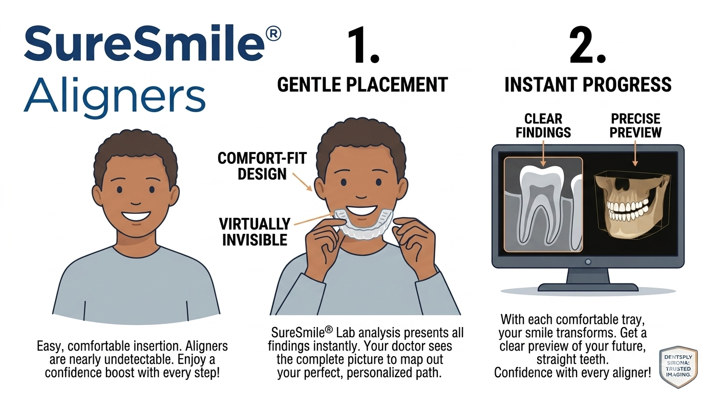 SureSmile Aligners infographic: comfort-fit, virtually invisible aligner insertion on the left; SureSmile Lab analysis on the right provides clear findings and a precise 3D preview of your future smile.
