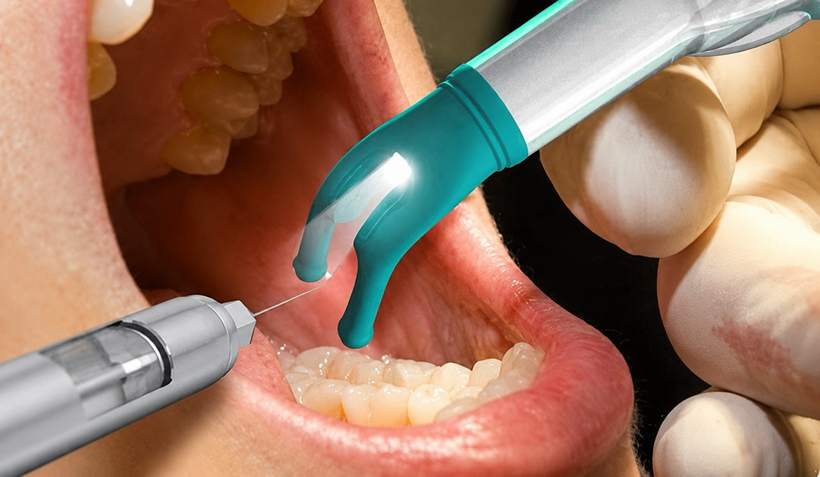 DentalVibe comfort injection device applied at the gumline during gentle numbing at Longmont Dental