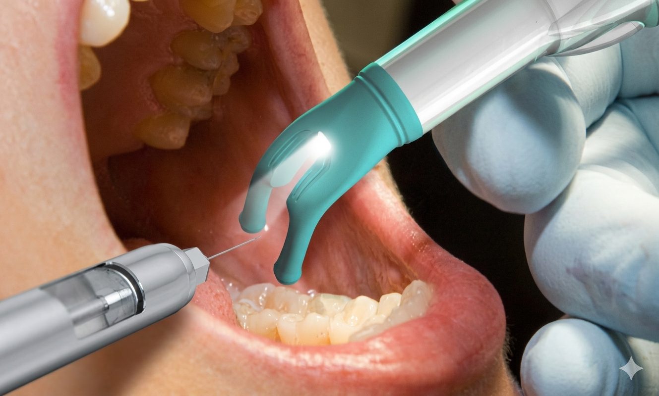 DentalVibe comfort injection device tip applied at the gumline to help make numbing more comfortable