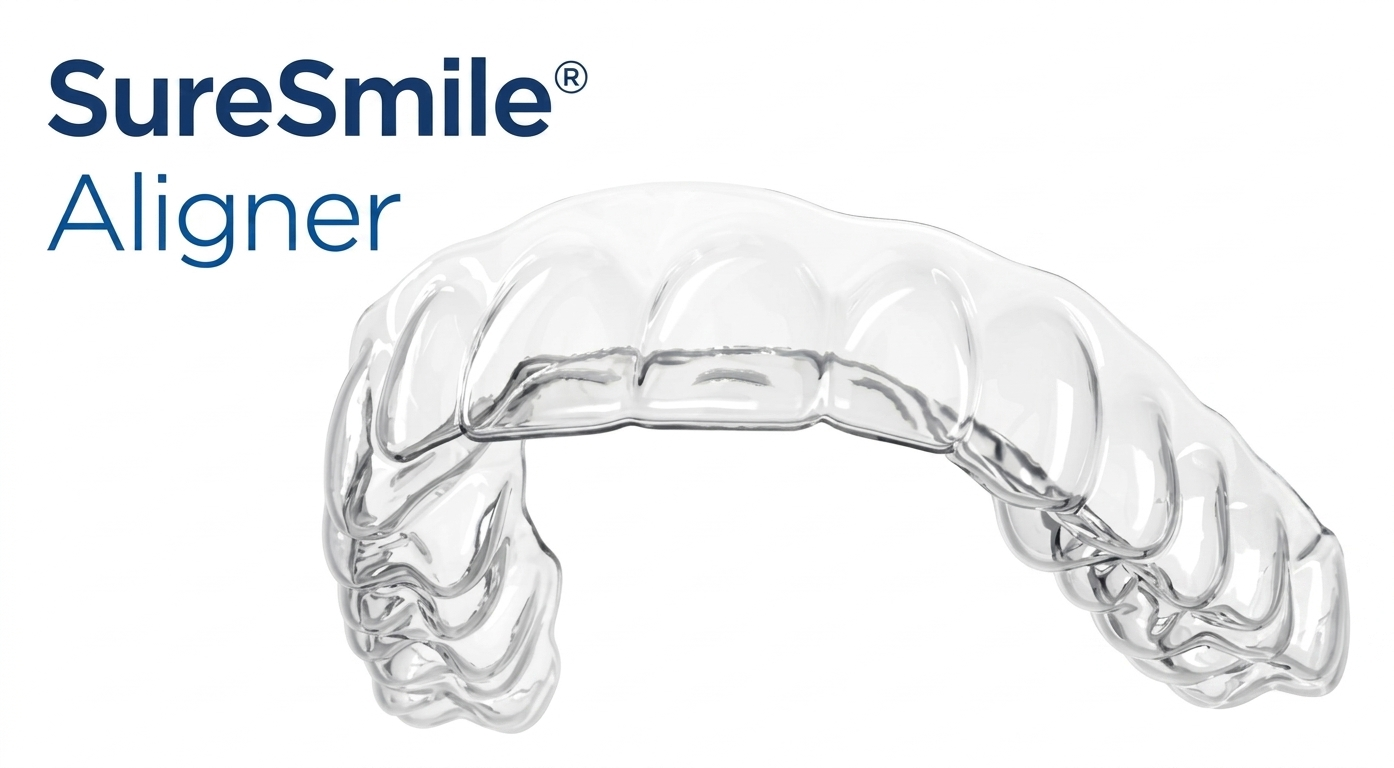 SureSmile clear aligner tray — transparent, custom-fit dental aligner against a white background with the SureSmile Aligner brand mark.